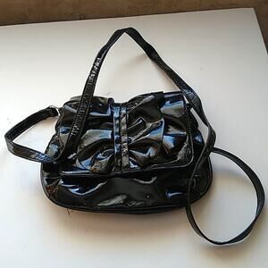 Elle Women's Faux Black patent leather crossbody bag w/bow, Dressy Chic